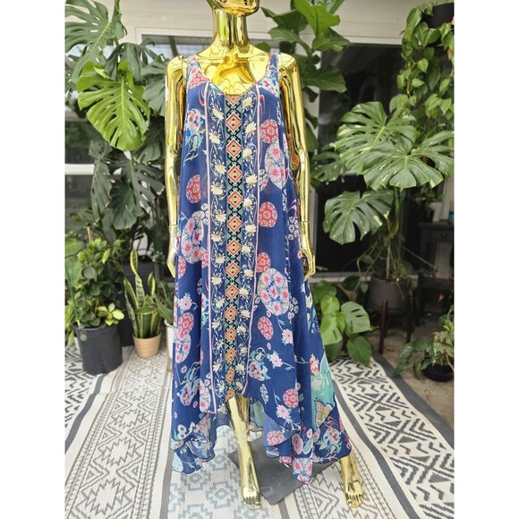 Johnny Was Ellyo Rayon Handkerchief Hem Dress Maxi Floral XL Resortwear - Picture 1 of 8